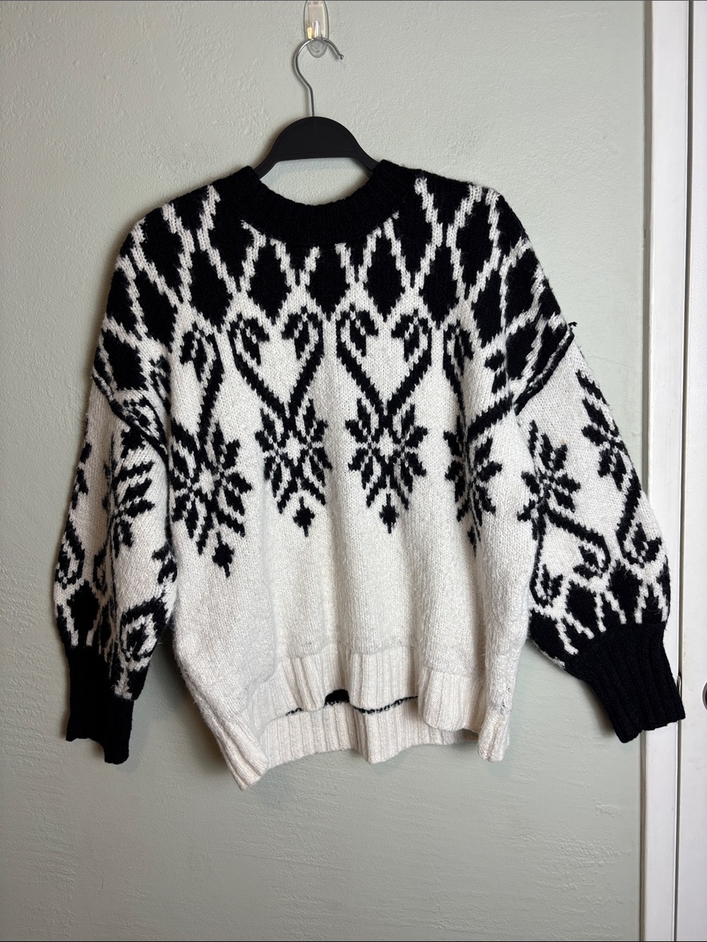 Free People Black & White Nordic Crewneck Sweater